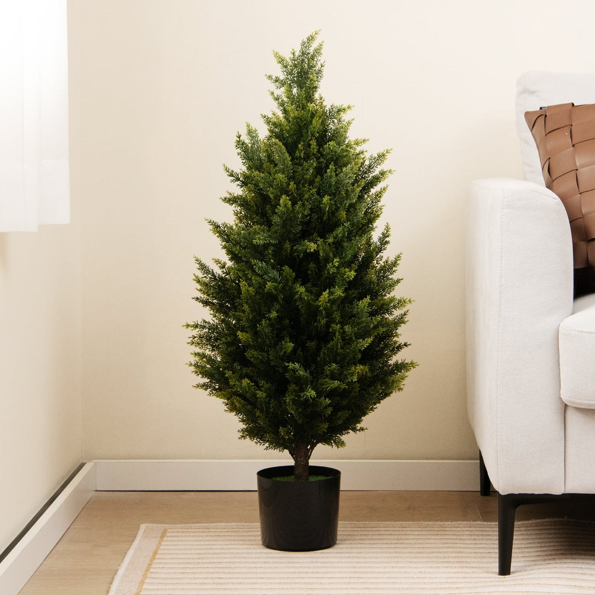 3 Feet Artificial Topiary Cedar Tree with Cement Plastic Pot and Faux Moss-Green-Artificial Plants-DECOROLALA