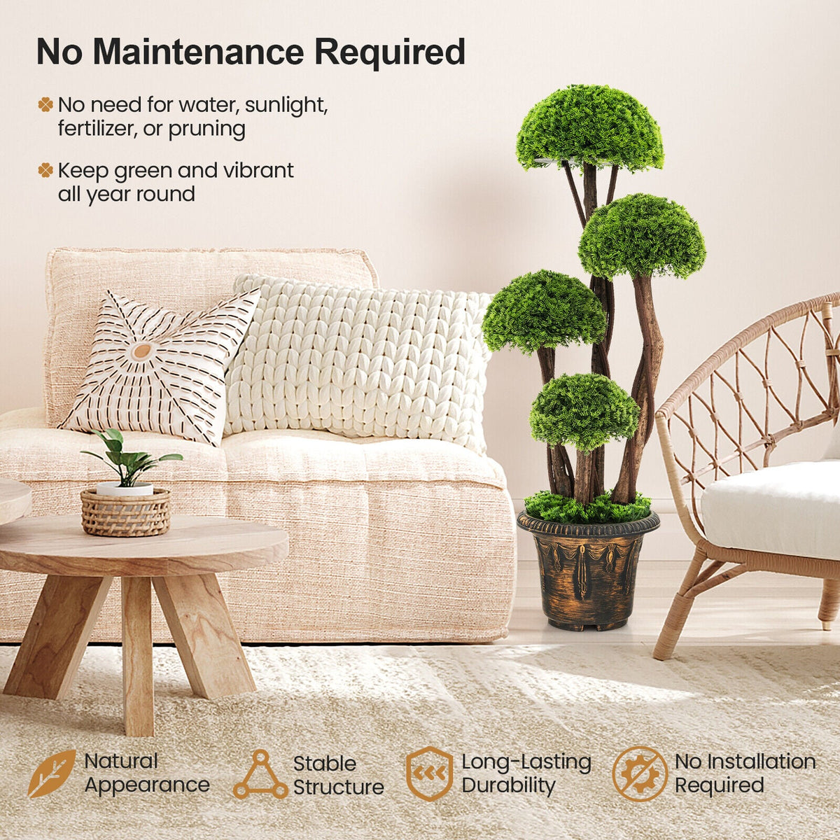3 Feet Decorative Artificial Cedar Topiary Tree with Rattan Trunk-Artificial Plants-DECOROLALA