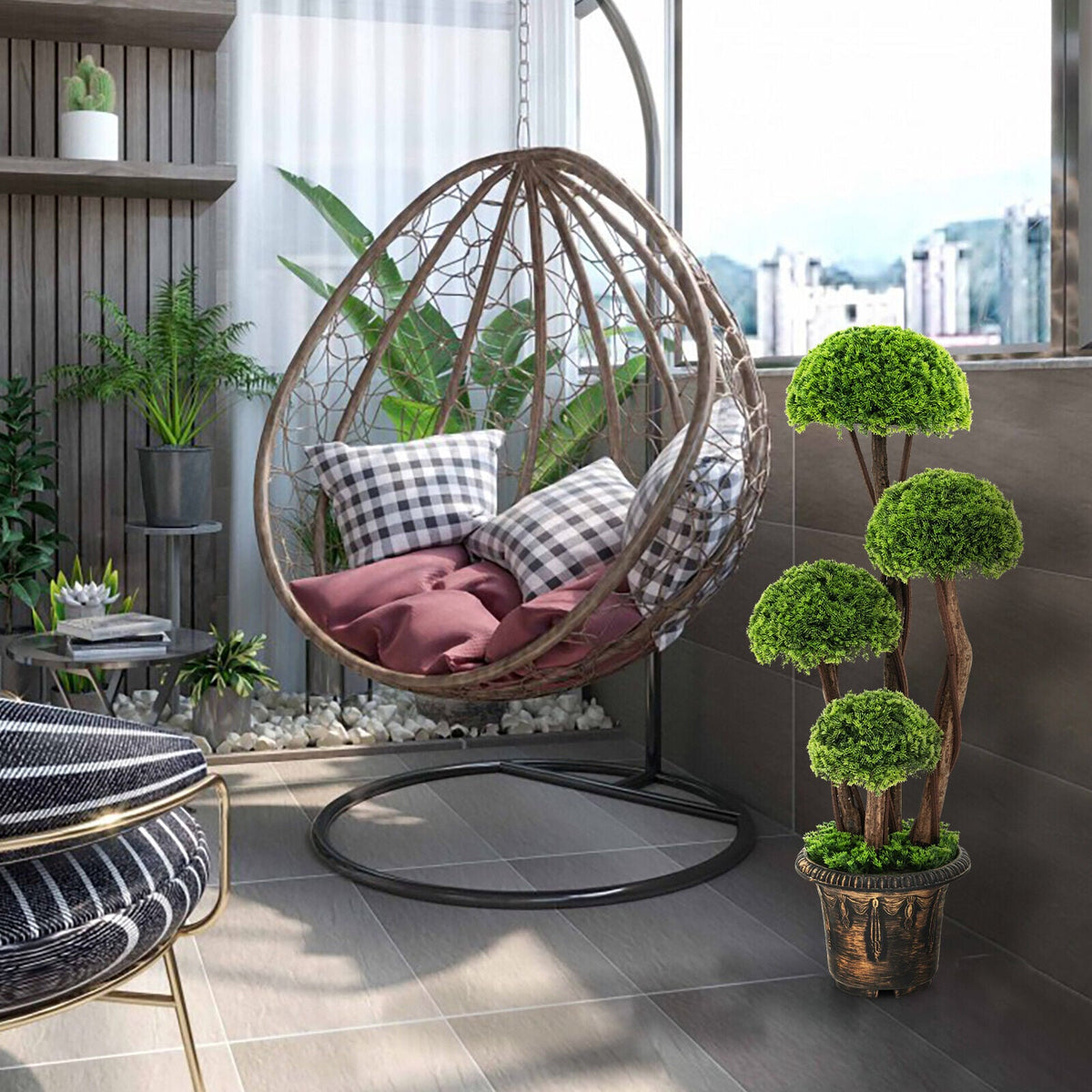 3 Feet Decorative Artificial Cedar Topiary Tree with Rattan Trunk-Artificial Plants-DECOROLALA