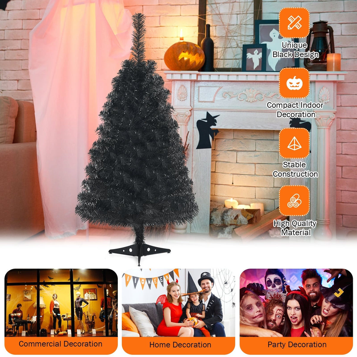 3 Feet Unlit Artificial Christmas Halloween Mini Tree with Plastic Stand-Black-Christmas Trees-DECOROLALA