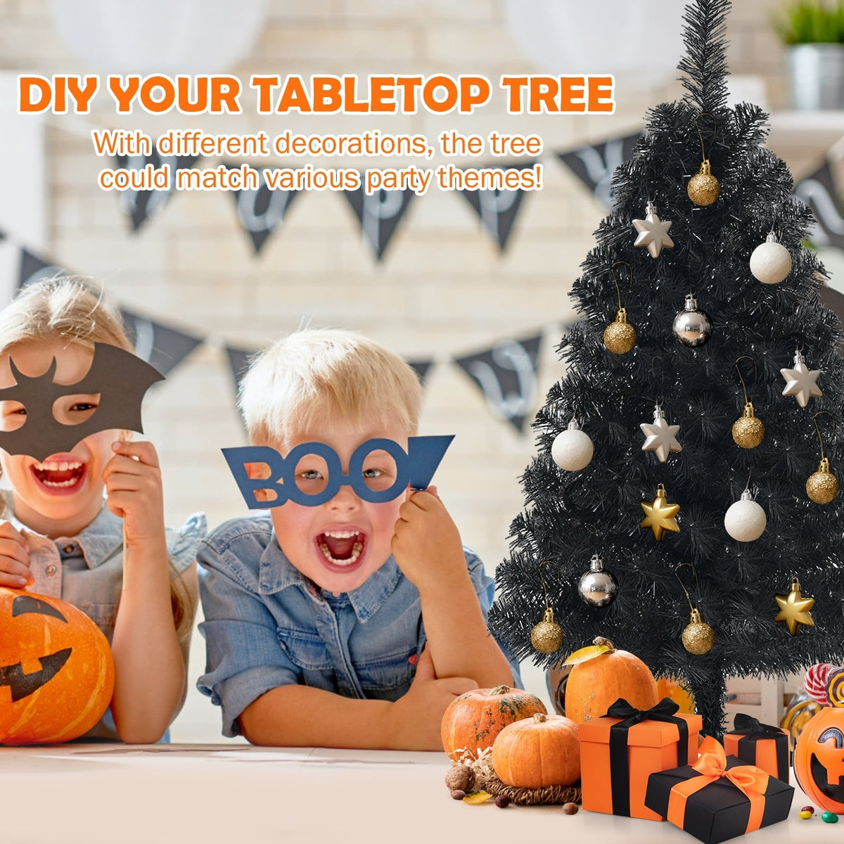 3 Feet Unlit Artificial Christmas Halloween Mini Tree with Plastic Stand-Black-Christmas Trees-DECOROLALA
