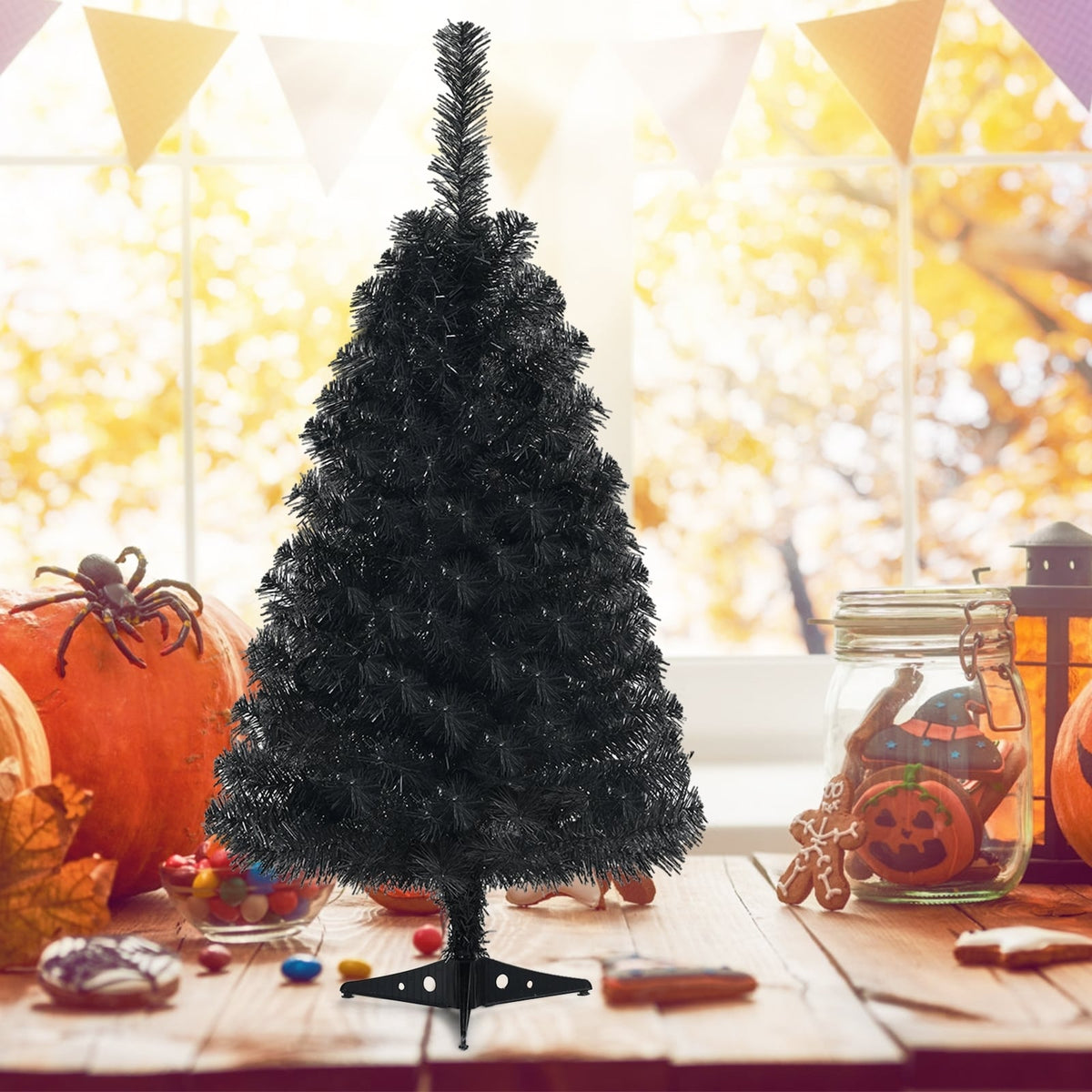 3 Feet Unlit Artificial Christmas Halloween Mini Tree with Plastic Stand-Black-Christmas Trees-DECOROLALA