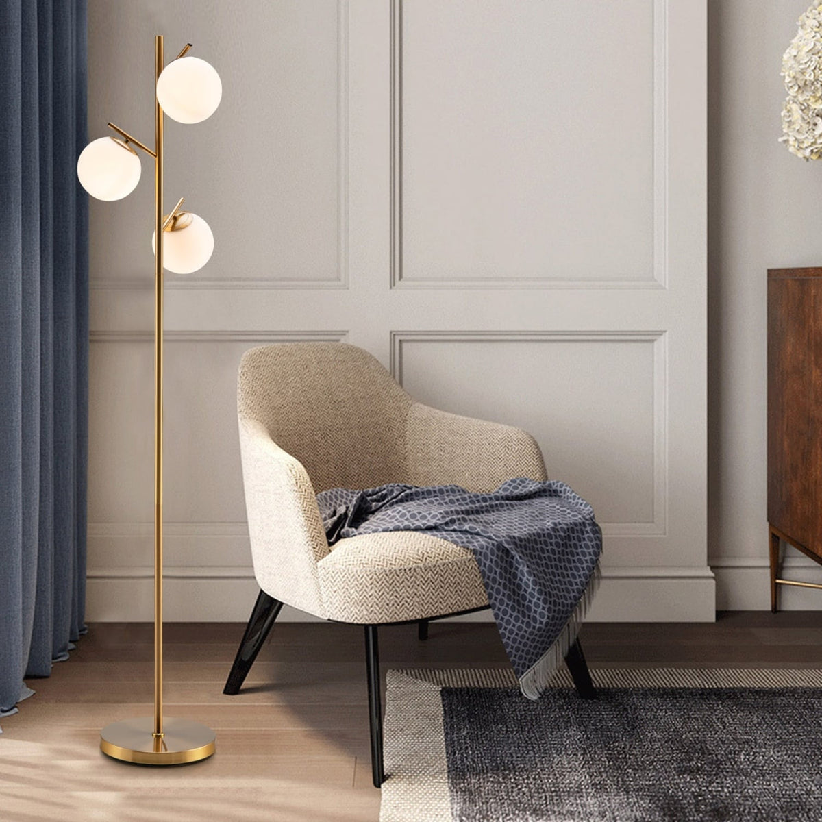 3-Globe Floor Lamp with Foot Switch and Bulb Bases-Golden-Table & Floor Lamps-DECOROLALA