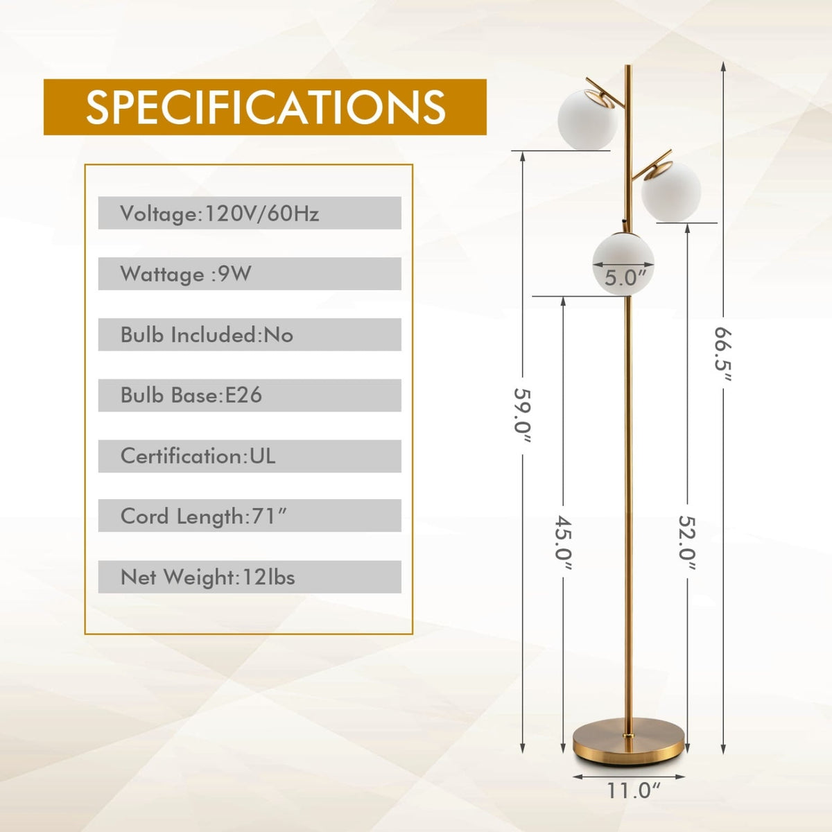 3-Globe Floor Lamp with Foot Switch and Bulb Bases-Golden-Table & Floor Lamps-DECOROLALA