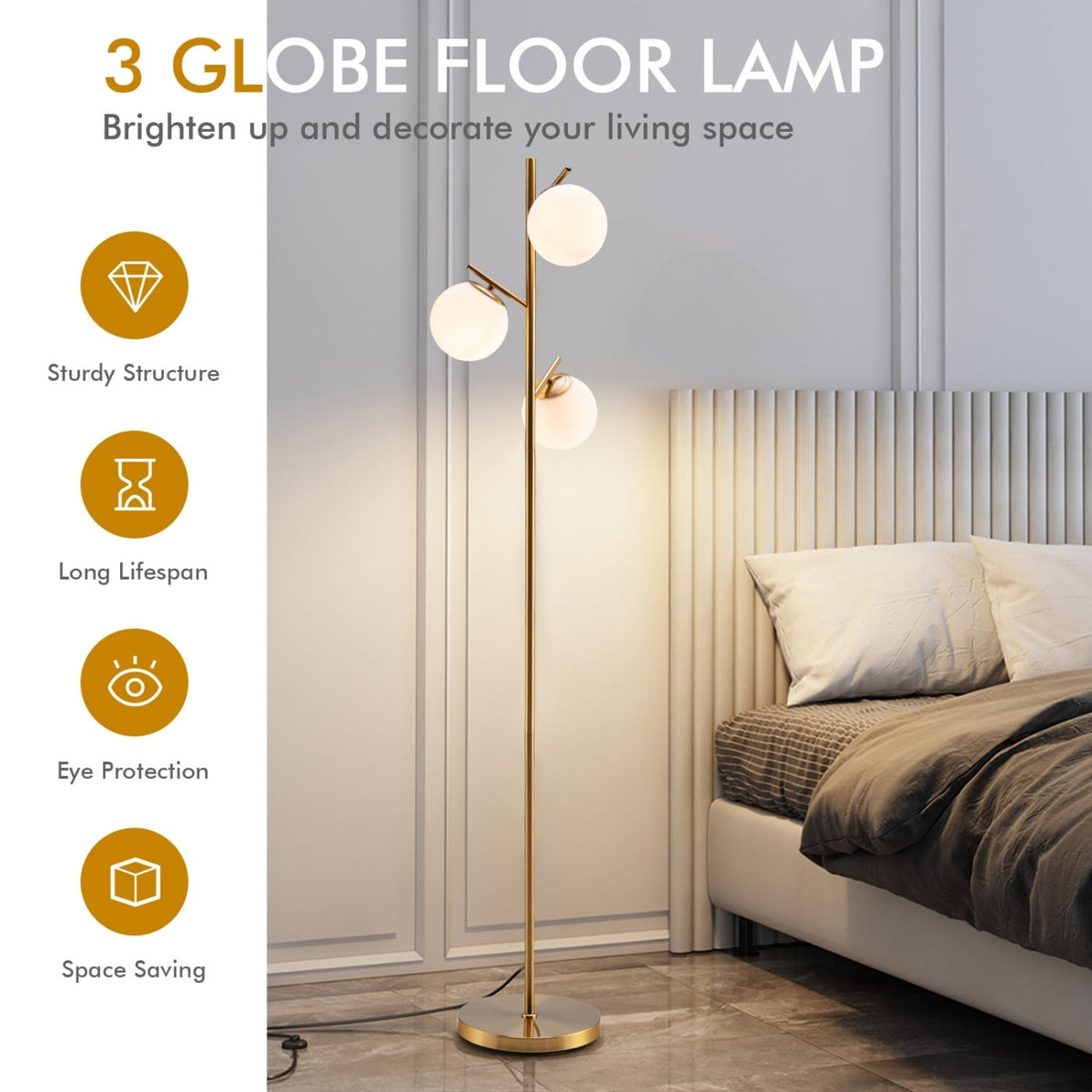 3-Globe Floor Lamp with Foot Switch and Bulb Bases-Golden-Table & Floor Lamps-DECOROLALA