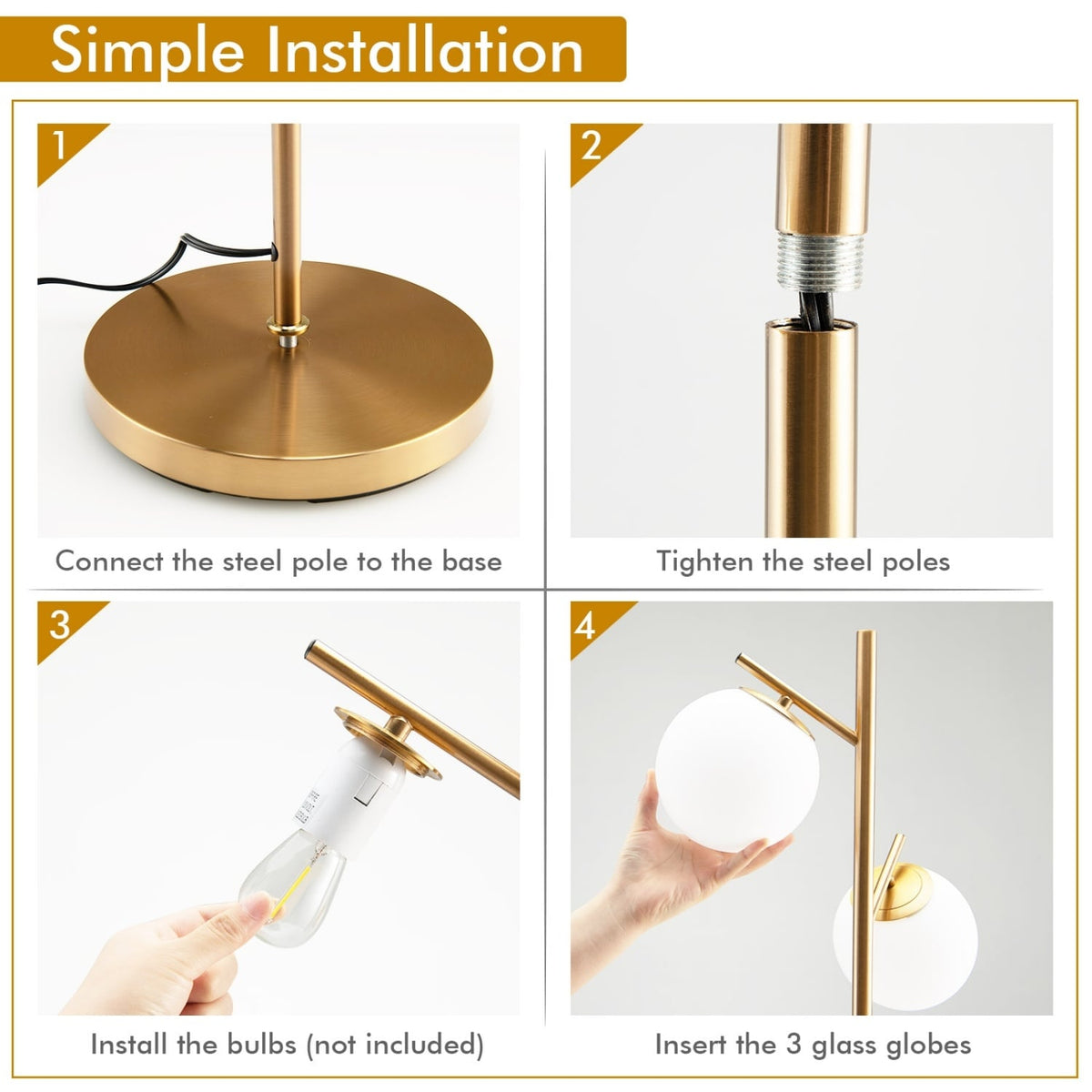 3-Globe Floor Lamp with Foot Switch and Bulb Bases-Golden-Table & Floor Lamps-DECOROLALA