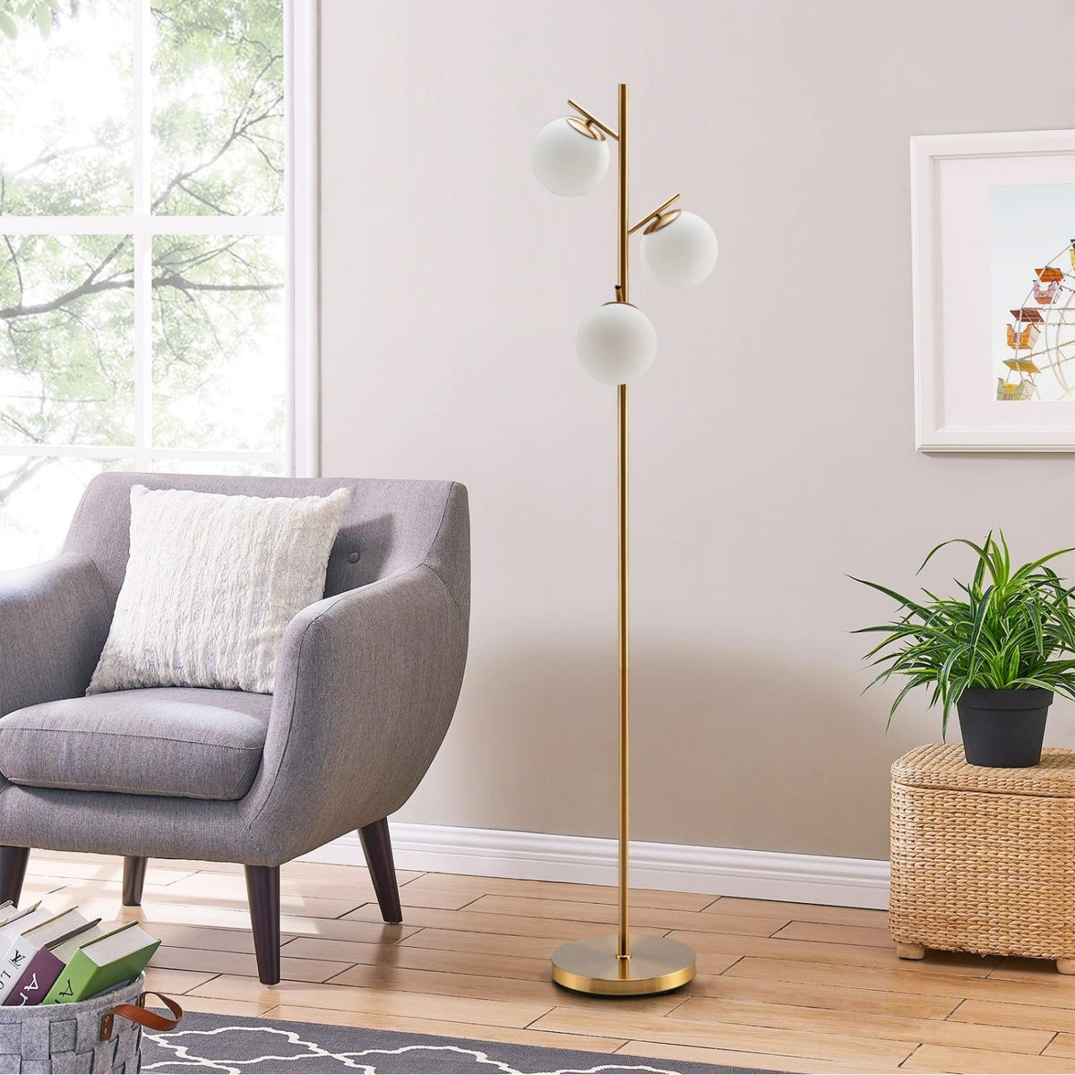 3-Globe Floor Lamp with Foot Switch and Bulb Bases-Golden-Table & Floor Lamps-DECOROLALA