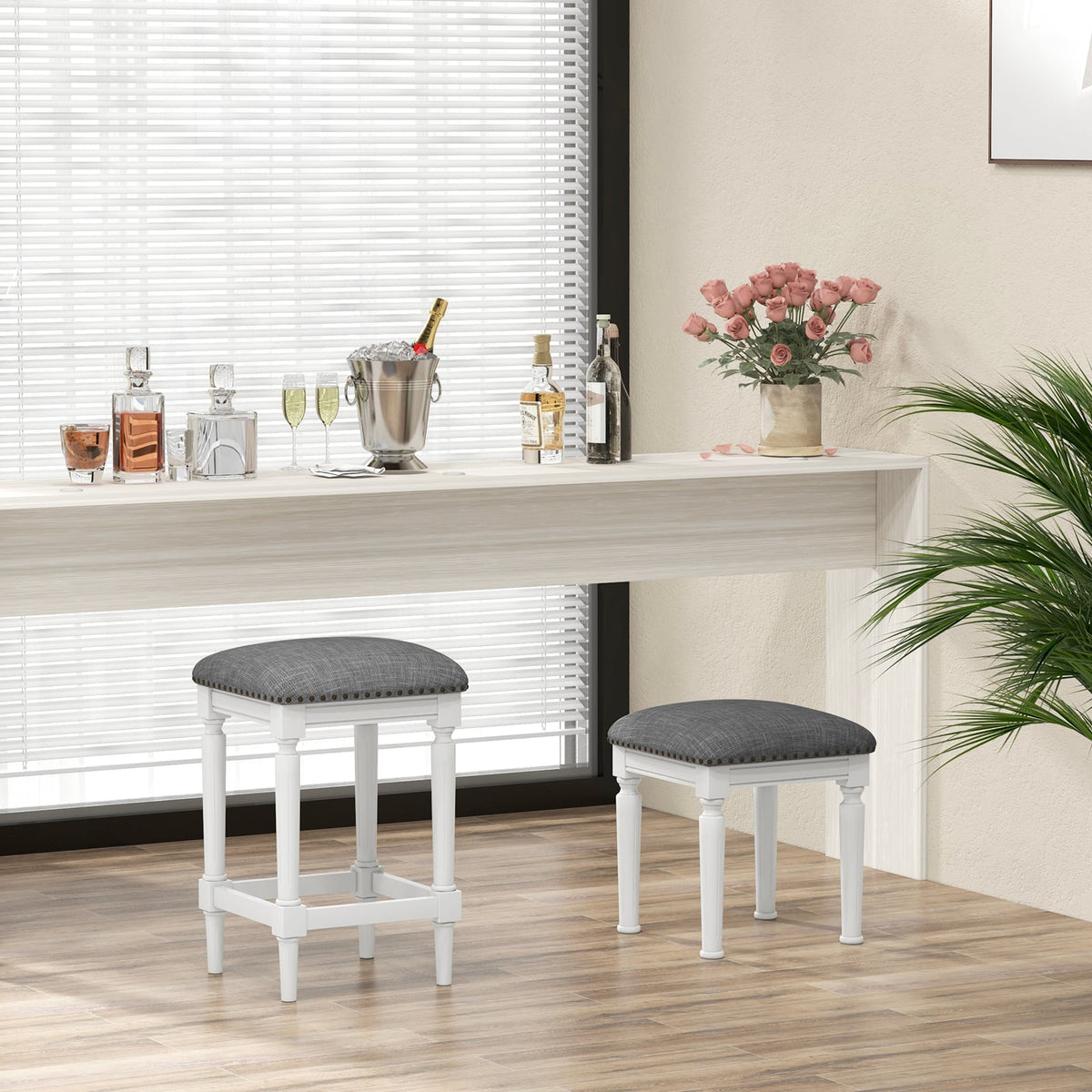 3 Heights Square Saddle Stool Set of 2 with Footrests and Padded Seats-Gray-Bar Stools-DECOROLALA