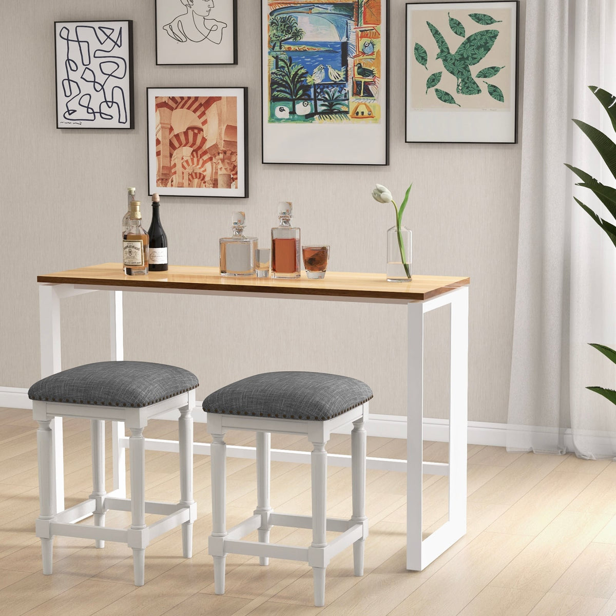 3 Heights Square Saddle Stool Set of 2 with Footrests and Padded Seats-Gray-Bar Stools-DECOROLALA