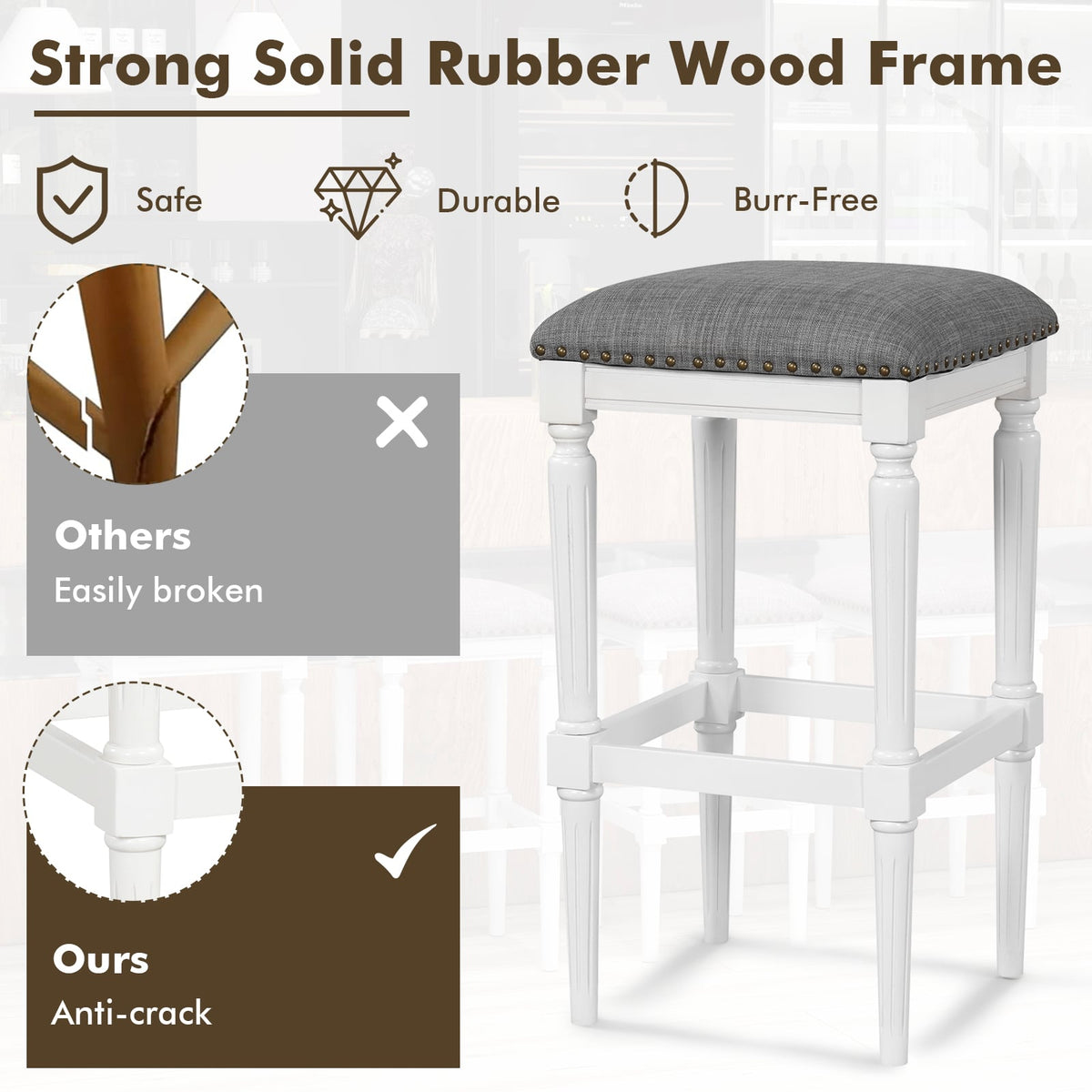 3 Heights Square Saddle Stool Set of 2 with Footrests and Padded Seats-Gray-Bar Stools-DECOROLALA