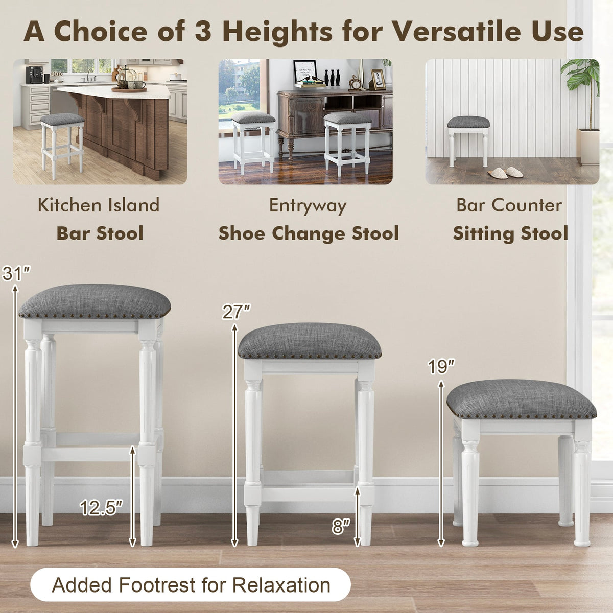 3 Heights Square Saddle Stool Set of 2 with Footrests and Padded Seats-Gray-Bar Stools-DECOROLALA