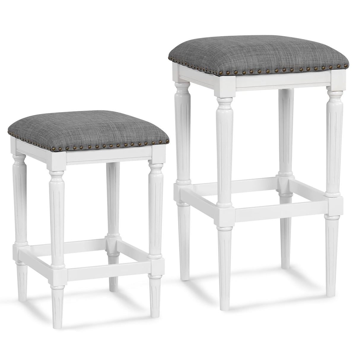 3 Heights Square Saddle Stool Set of 2 with Footrests and Padded Seats-Gray-Bar Stools-DECOROLALA