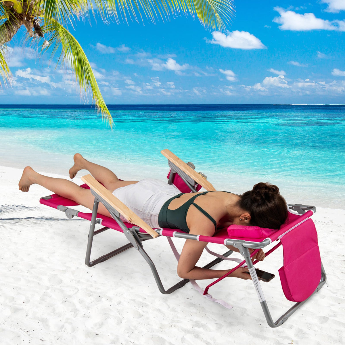 3-IN-1 Foldable Beach Chair with Footrest and Adjustable Backrest-Peach-Beach & Lawn Chairs-DECOROLALA