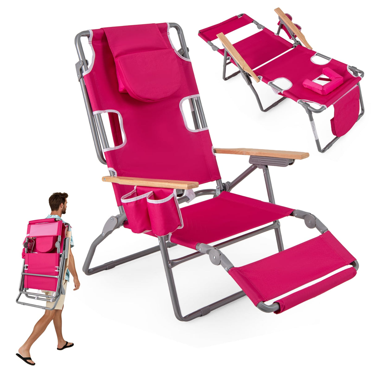 3-IN-1 Foldable Beach Chair with Footrest and Adjustable Backrest-Peach-Beach & Lawn Chairs-DECOROLALA