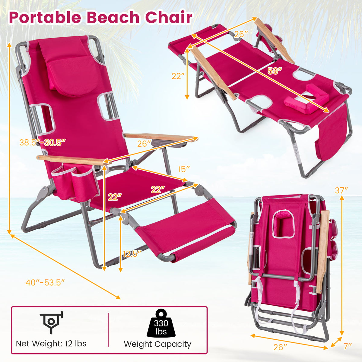 3-IN-1 Foldable Beach Chair with Footrest and Adjustable Backrest-Peach-Beach & Lawn Chairs-DECOROLALA