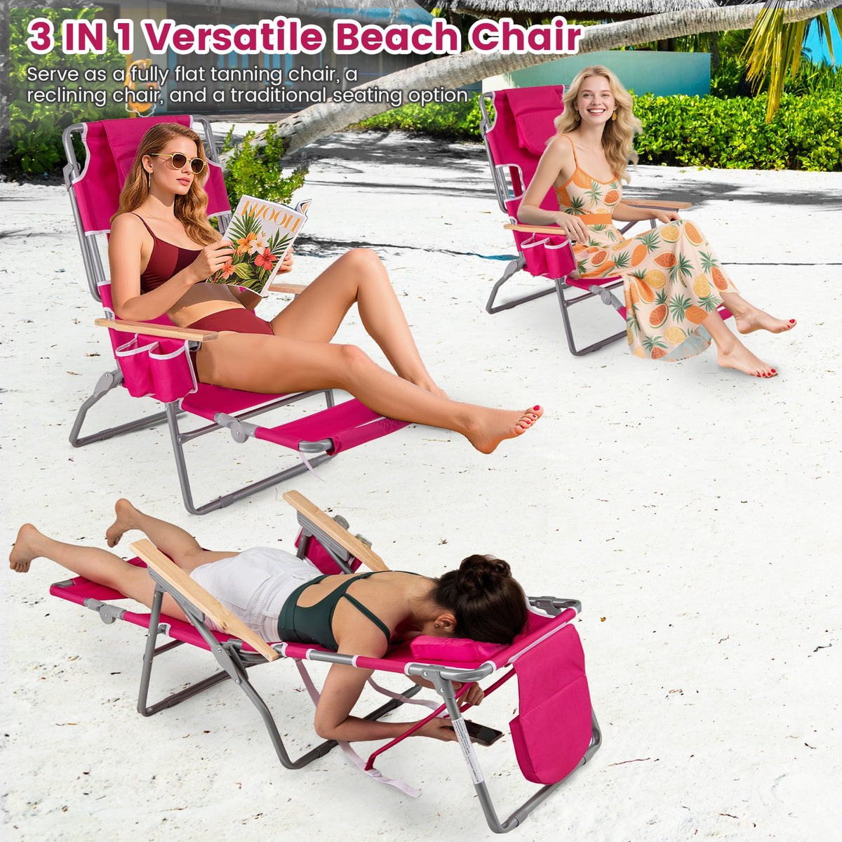 3-IN-1 Foldable Beach Chair with Footrest and Adjustable Backrest-Peach-Beach & Lawn Chairs-DECOROLALA