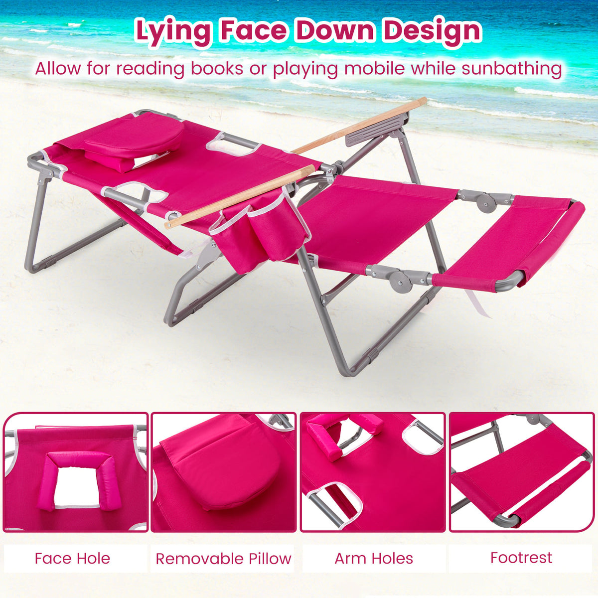 3-IN-1 Foldable Beach Chair with Footrest and Adjustable Backrest-Peach-Beach & Lawn Chairs-DECOROLALA