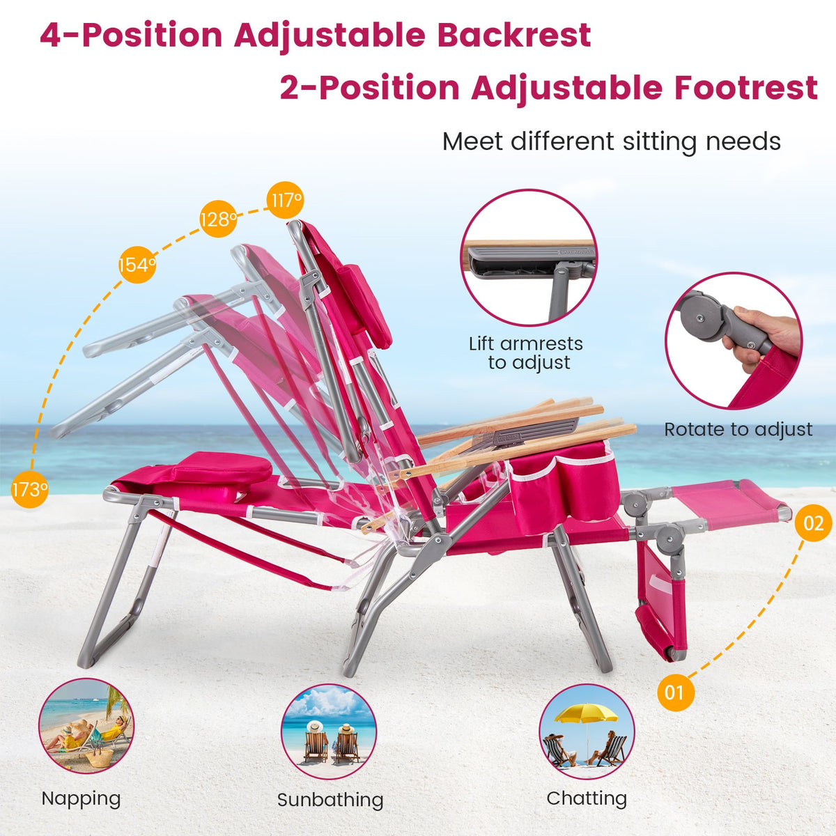 3-IN-1 Foldable Beach Chair with Footrest and Adjustable Backrest-Peach-Beach & Lawn Chairs-DECOROLALA