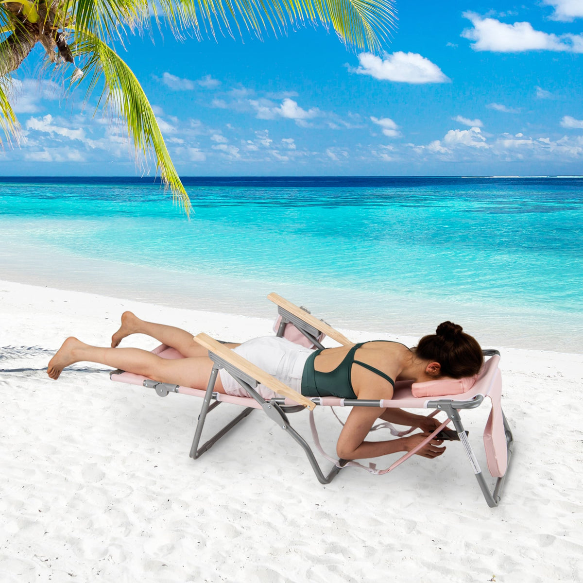 3-IN-1 Foldable Beach Chair with Footrest and Adjustable Backrest-Pink-Beach & Lawn Chairs-DECOROLALA