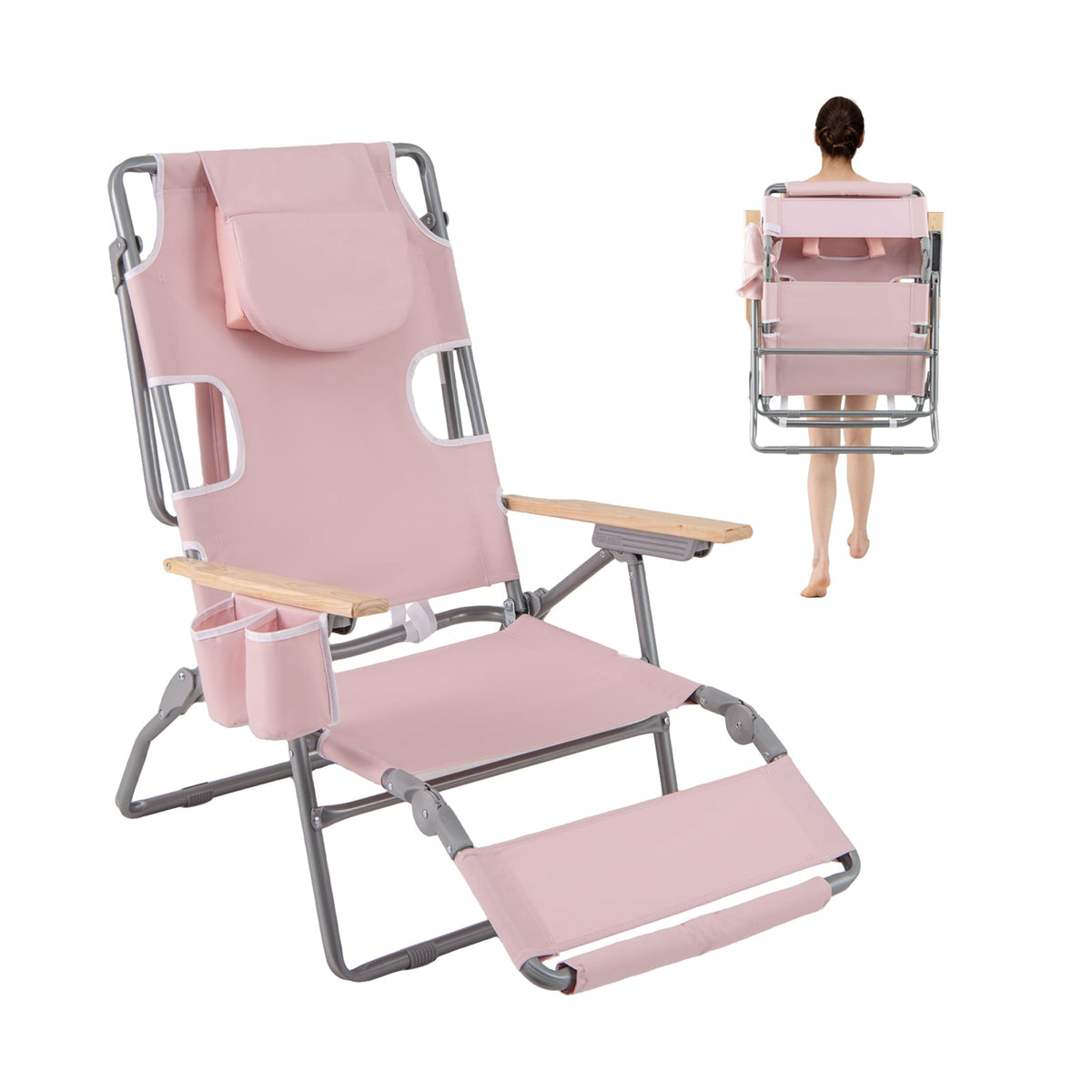 3-IN-1 Foldable Beach Chair with Footrest and Adjustable Backrest-Pink-Beach & Lawn Chairs-DECOROLALA