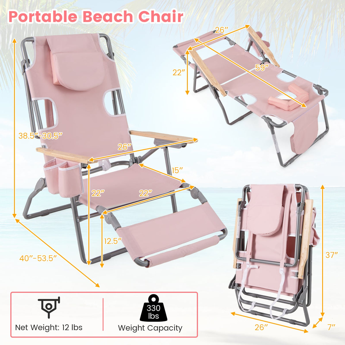 3-IN-1 Foldable Beach Chair with Footrest and Adjustable Backrest-Pink-Beach & Lawn Chairs-DECOROLALA