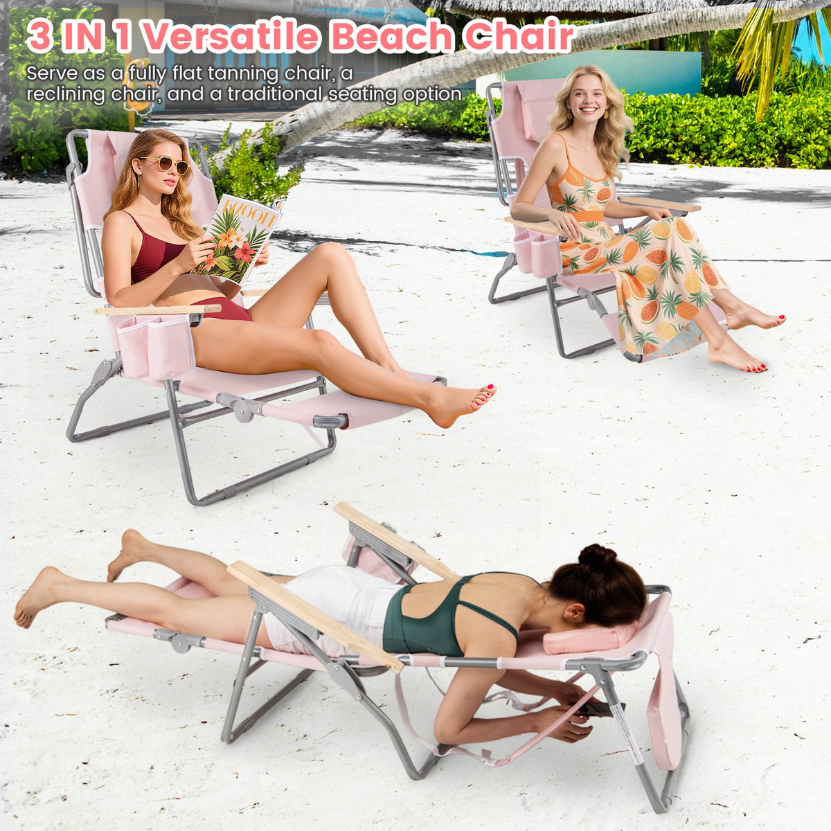 3-IN-1 Foldable Beach Chair with Footrest and Adjustable Backrest-Pink-Beach & Lawn Chairs-DECOROLALA