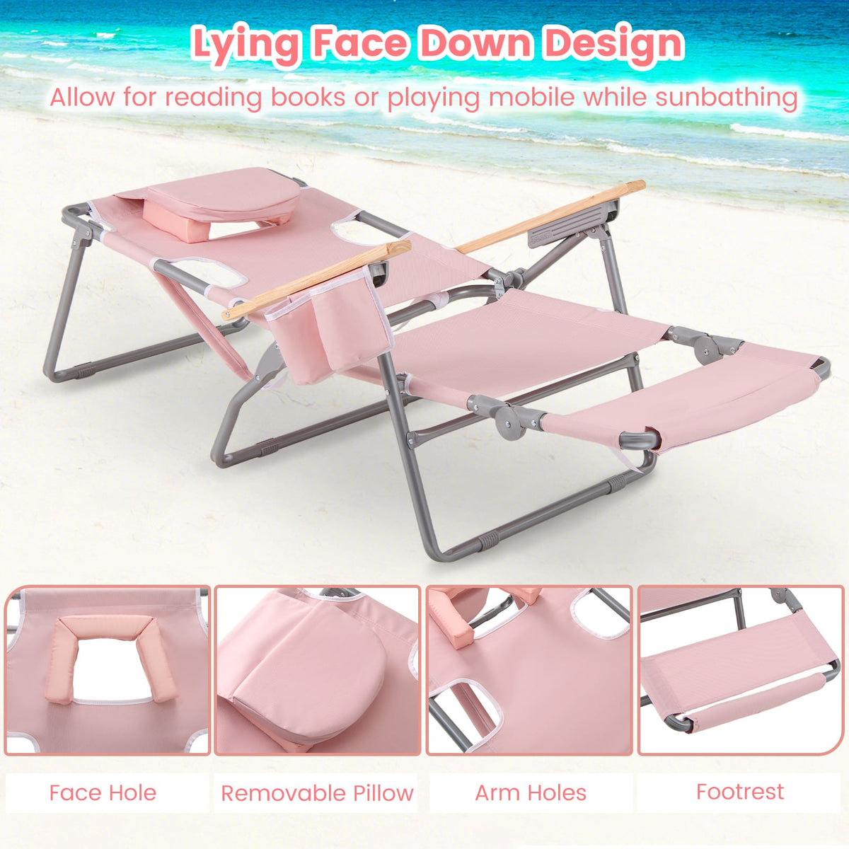 3-IN-1 Foldable Beach Chair with Footrest and Adjustable Backrest-Pink-Beach & Lawn Chairs-DECOROLALA