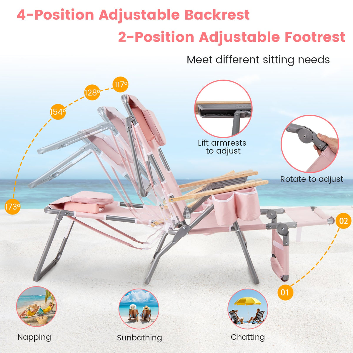3-IN-1 Foldable Beach Chair with Footrest and Adjustable Backrest-Pink-Beach & Lawn Chairs-DECOROLALA