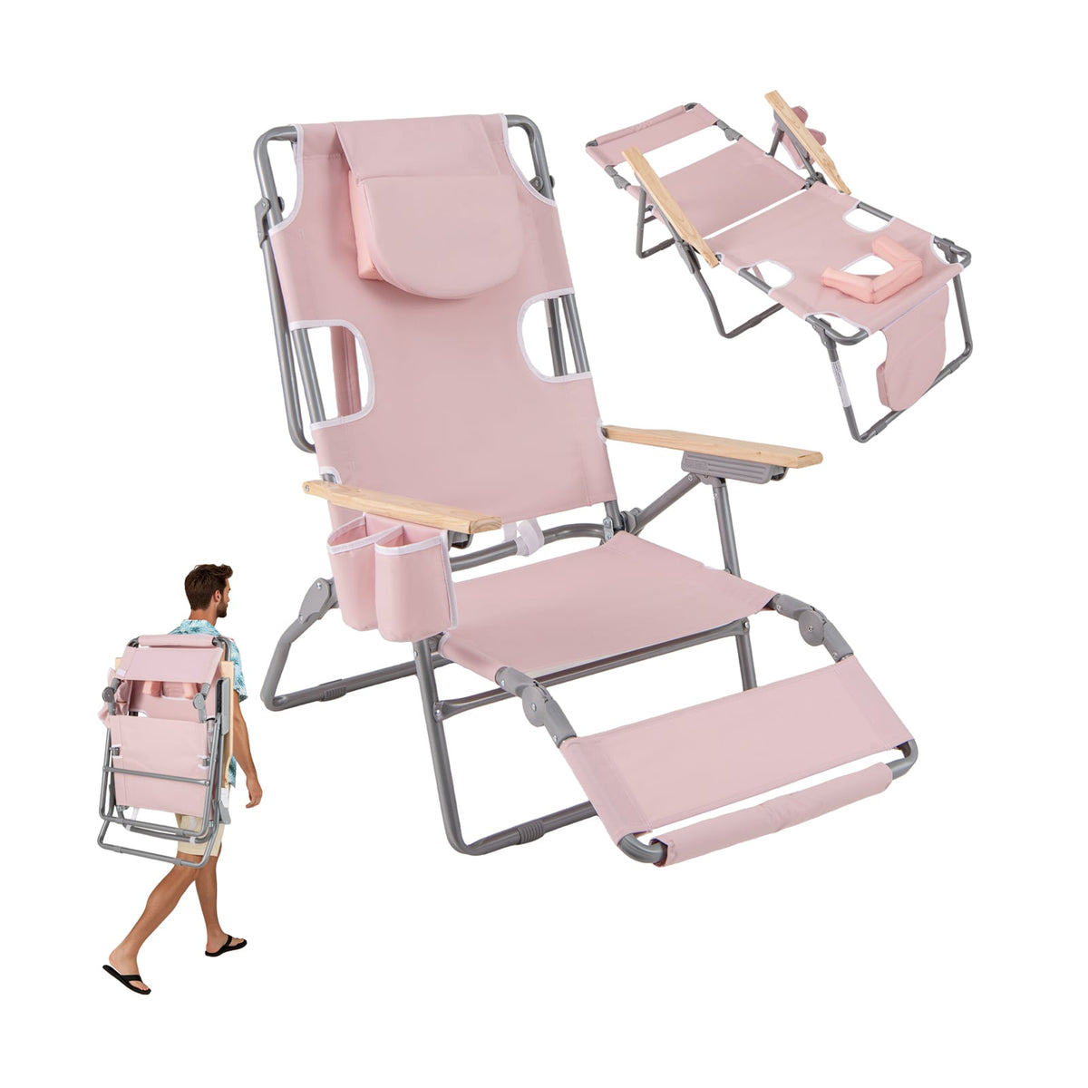 3-IN-1 Foldable Beach Chair with Footrest and Adjustable Backrest-Pink-Beach & Lawn Chairs-DECOROLALA
