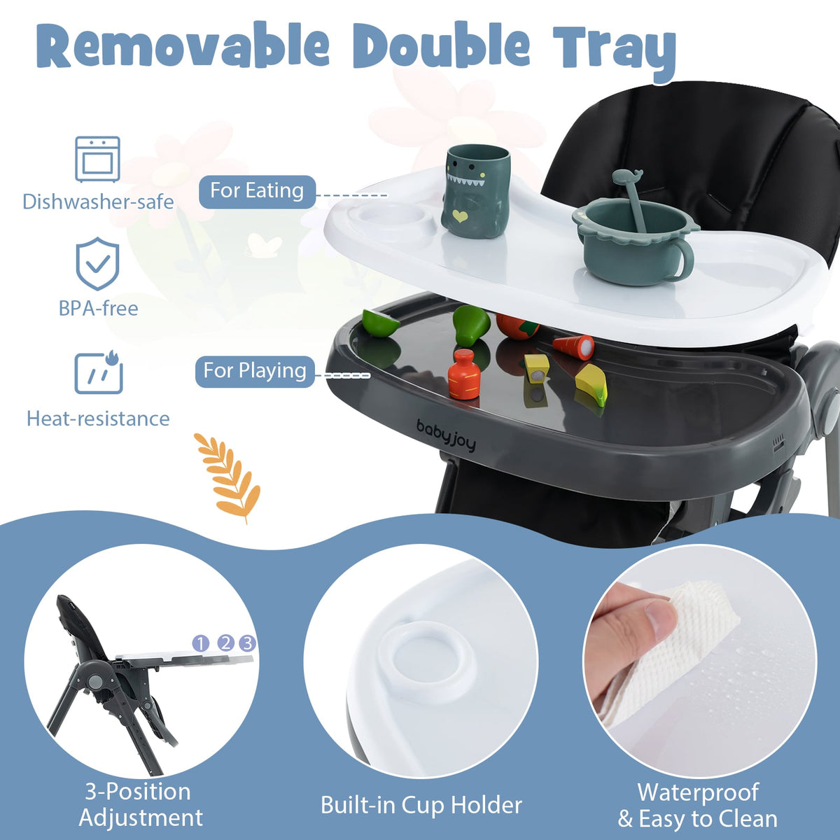 3-In-1 Convertible Baby High Chair for Toddlers-Black-High Chairs-DECOROLALA