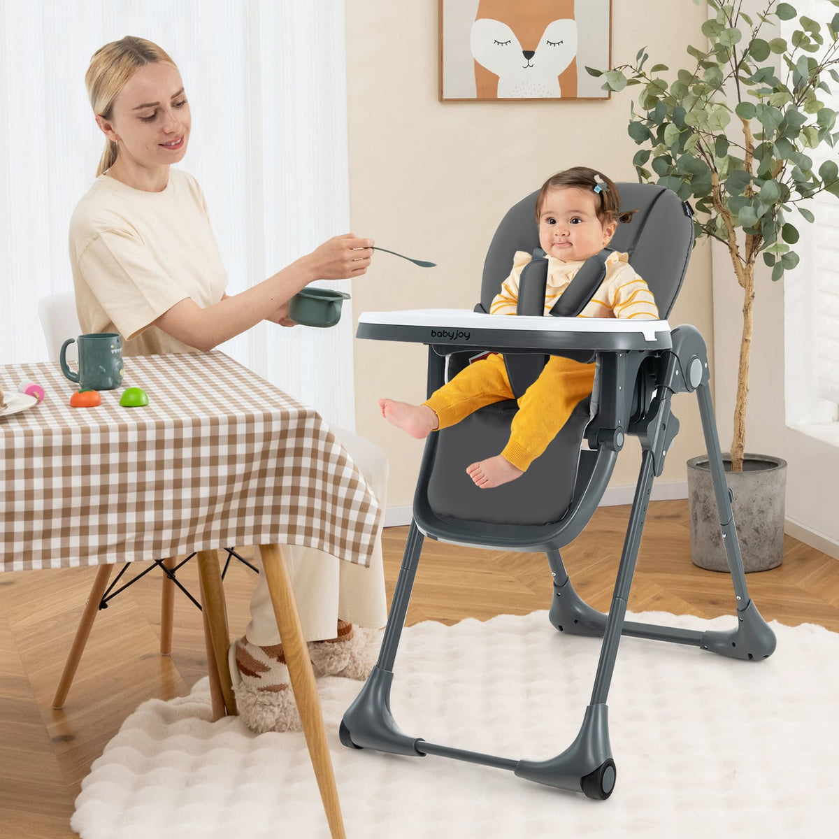 3-In-1 Convertible Baby High Chair with 7 Heights and Double Food Tray-Dark Gray-High Chairs-DECOROLALA
