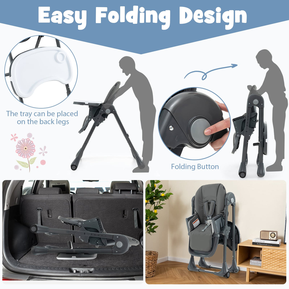 3-In-1 Convertible Baby High Chair with 7 Heights and Double Food Tray-Dark Gray-High Chairs-DECOROLALA