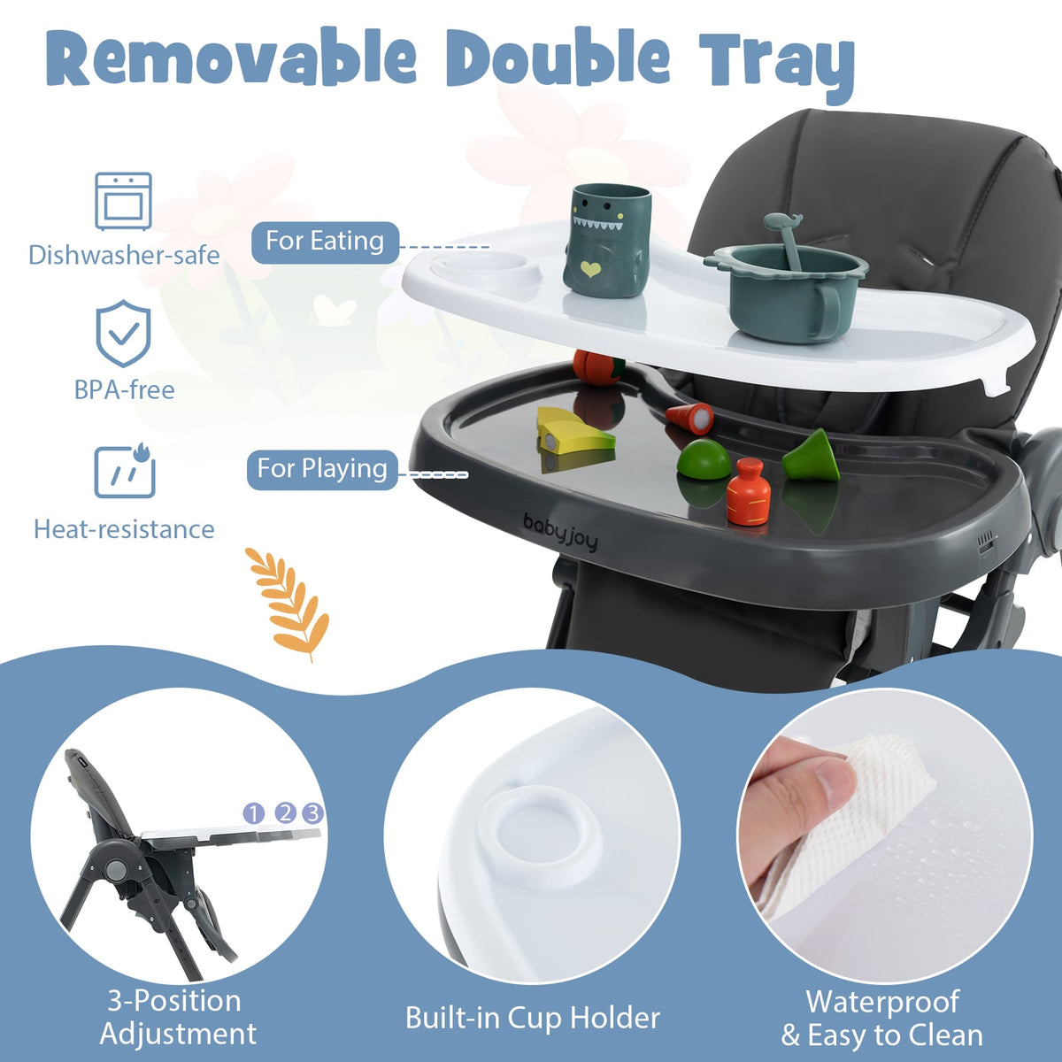 3-In-1 Convertible Baby High Chair with 7 Heights and Double Food Tray-Dark Gray-High Chairs-DECOROLALA