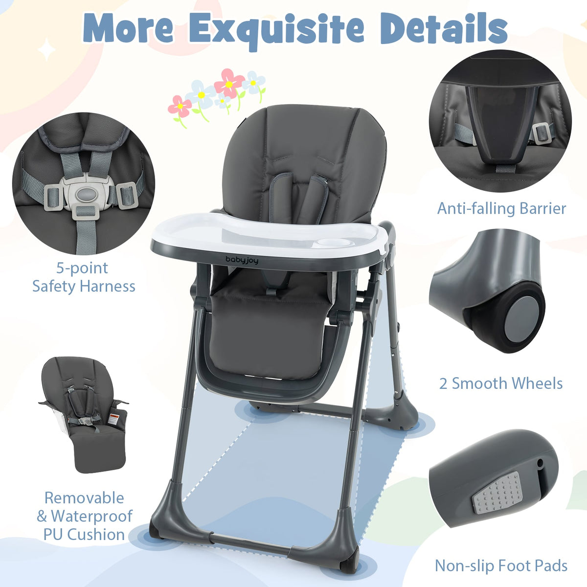 3-In-1 Convertible Baby High Chair with 7 Heights and Double Food Tray-Dark Gray-High Chairs-DECOROLALA