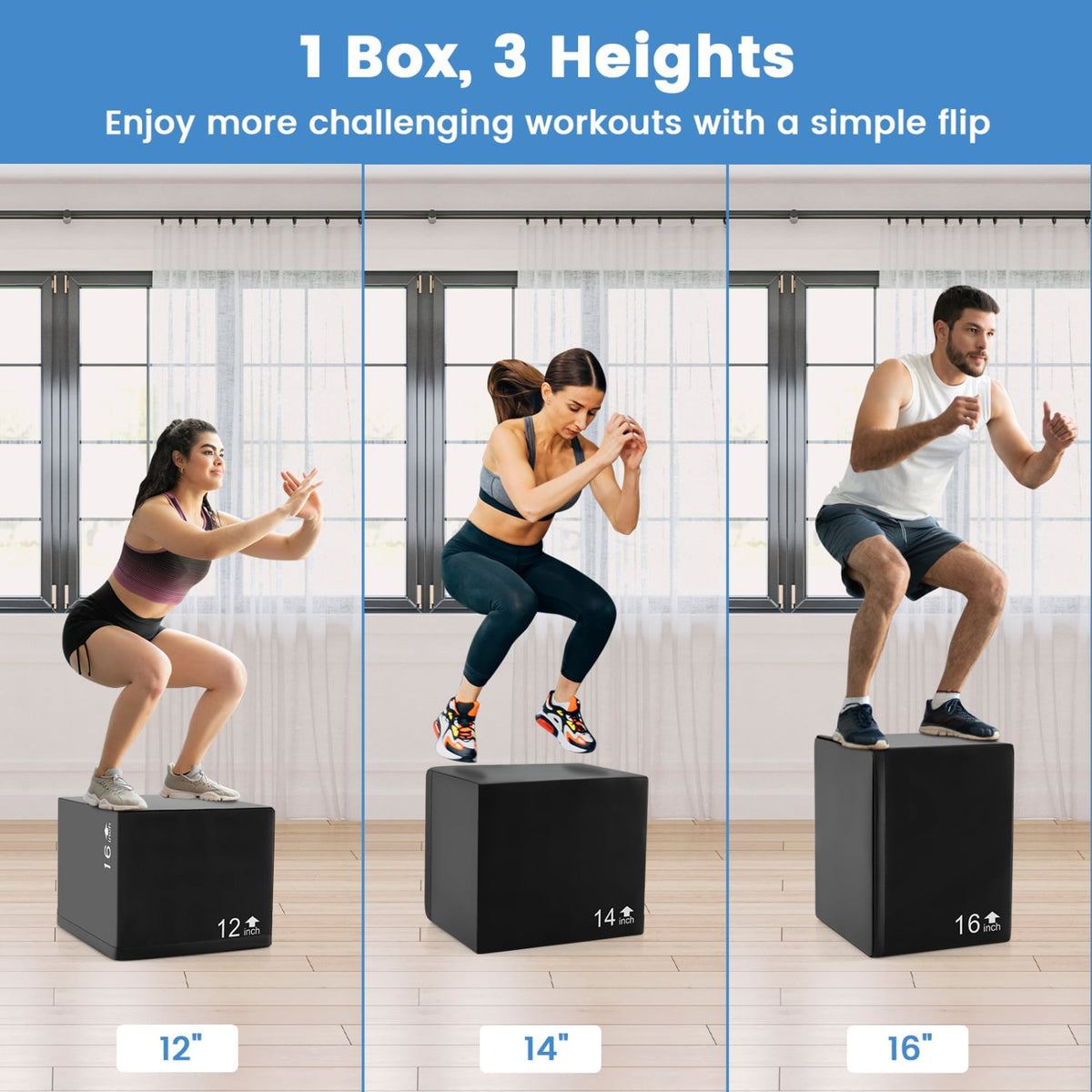 3 In 1 Foam Plyometric Box with 3 Heights and Easy-to-Clean PU Cover-16 Inches-Yoga & Gym Mats-DECOROLALA