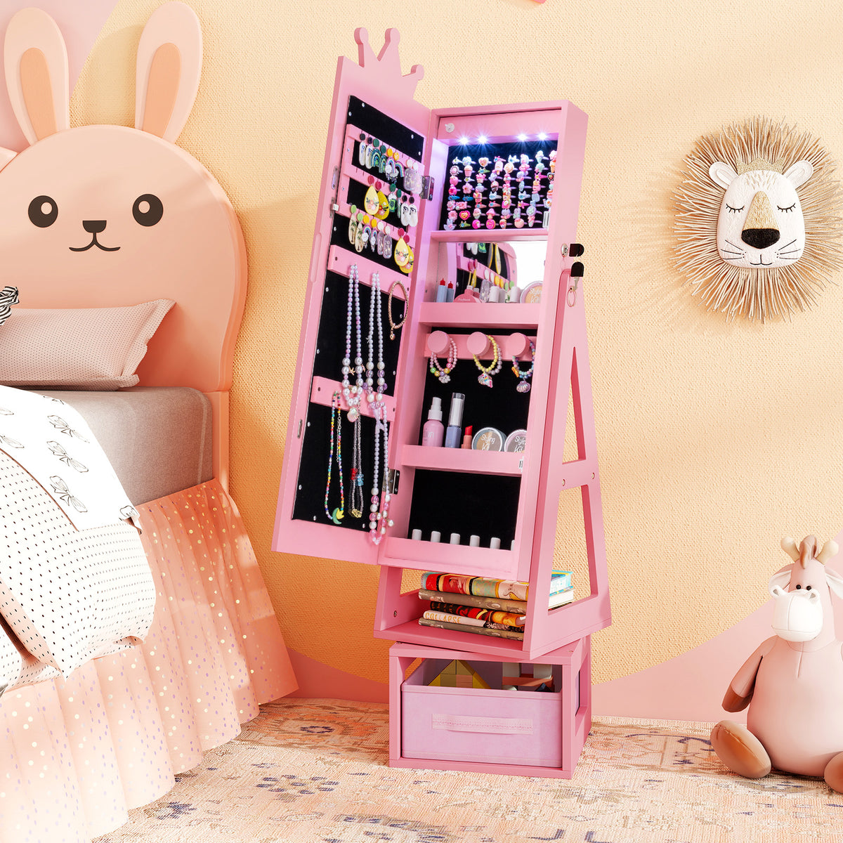 3 In 1 Kids Jewelry Cabinet with 3-Color Lighted Full Length Mirror-Pink-Kids Makeup Vanities-DECOROLALA