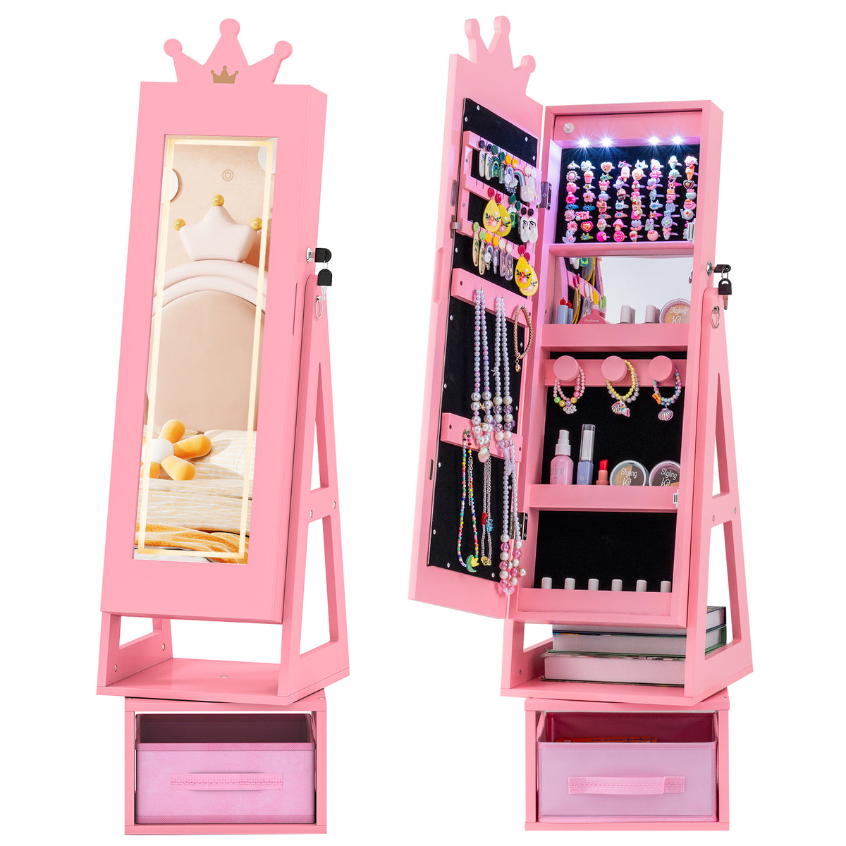 3 In 1 Kids Jewelry Cabinet with 3-Color Lighted Full Length Mirror-Pink-Kids Makeup Vanities-DECOROLALA