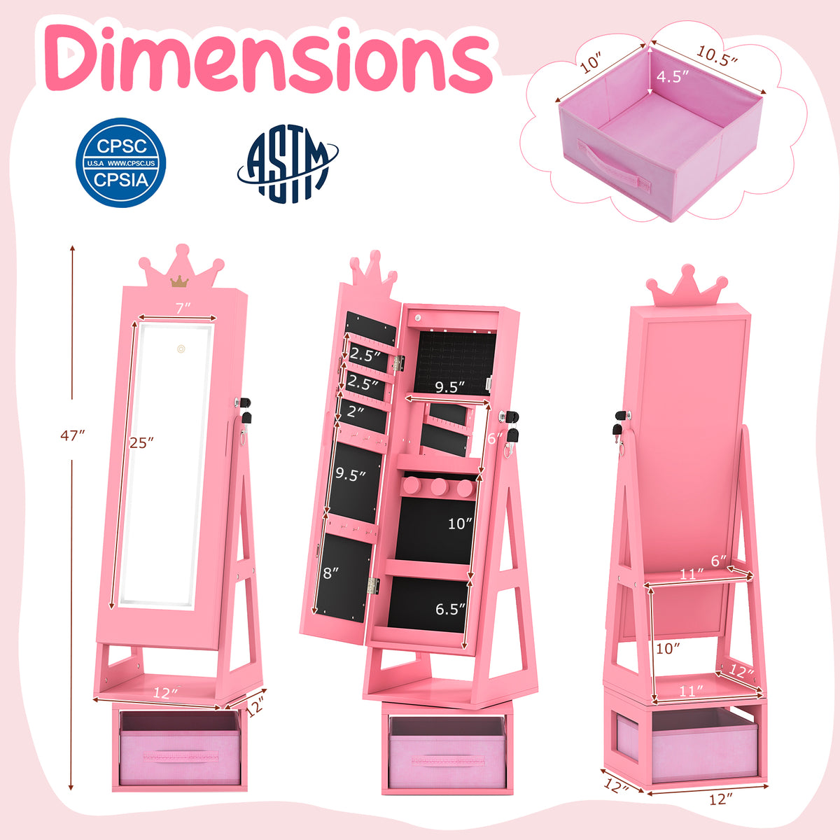 3 In 1 Kids Jewelry Cabinet with 3-Color Lighted Full Length Mirror-Pink-Kids Makeup Vanities-DECOROLALA