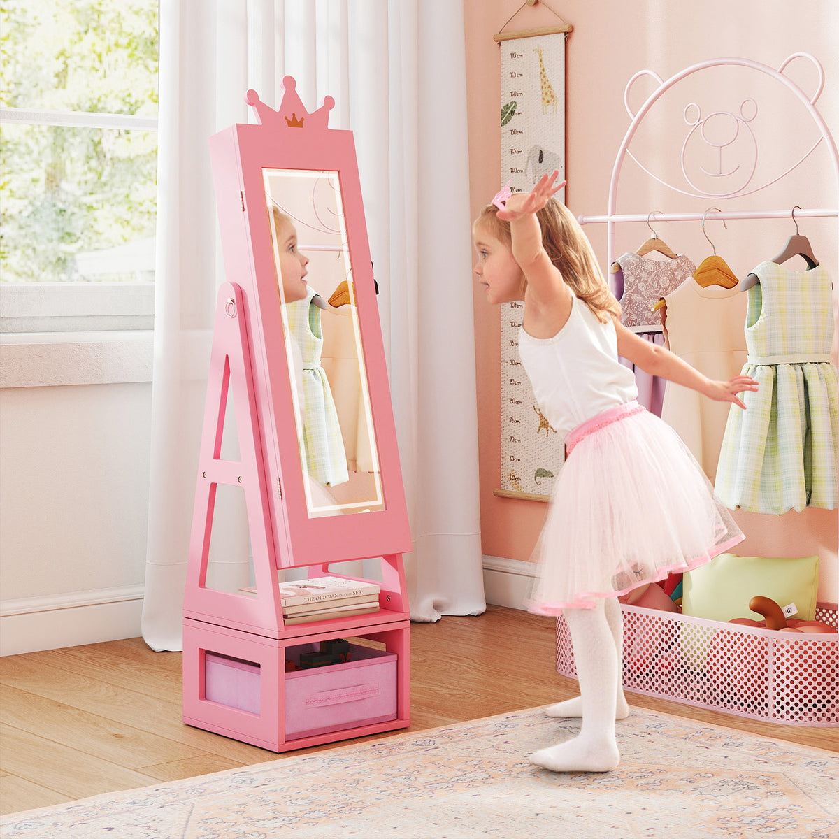 3 In 1 Kids Jewelry Cabinet with 3-Color Lighted Full Length Mirror-Pink-Kids Makeup Vanities-DECOROLALA