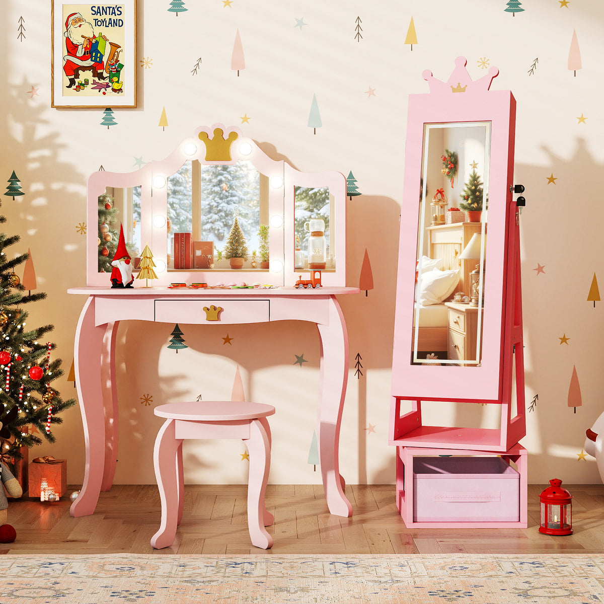 3 In 1 Kids Jewelry Cabinet with 3-Color Lighted Full Length Mirror-Pink-Kids Makeup Vanities-DECOROLALA