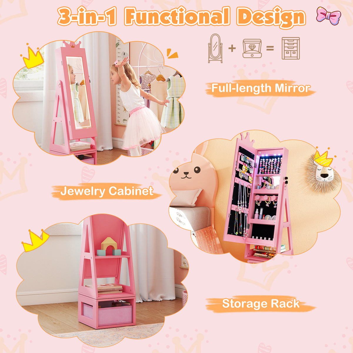 3 In 1 Kids Jewelry Cabinet with 3-Color Lighted Full Length Mirror-Pink-Kids Makeup Vanities-DECOROLALA