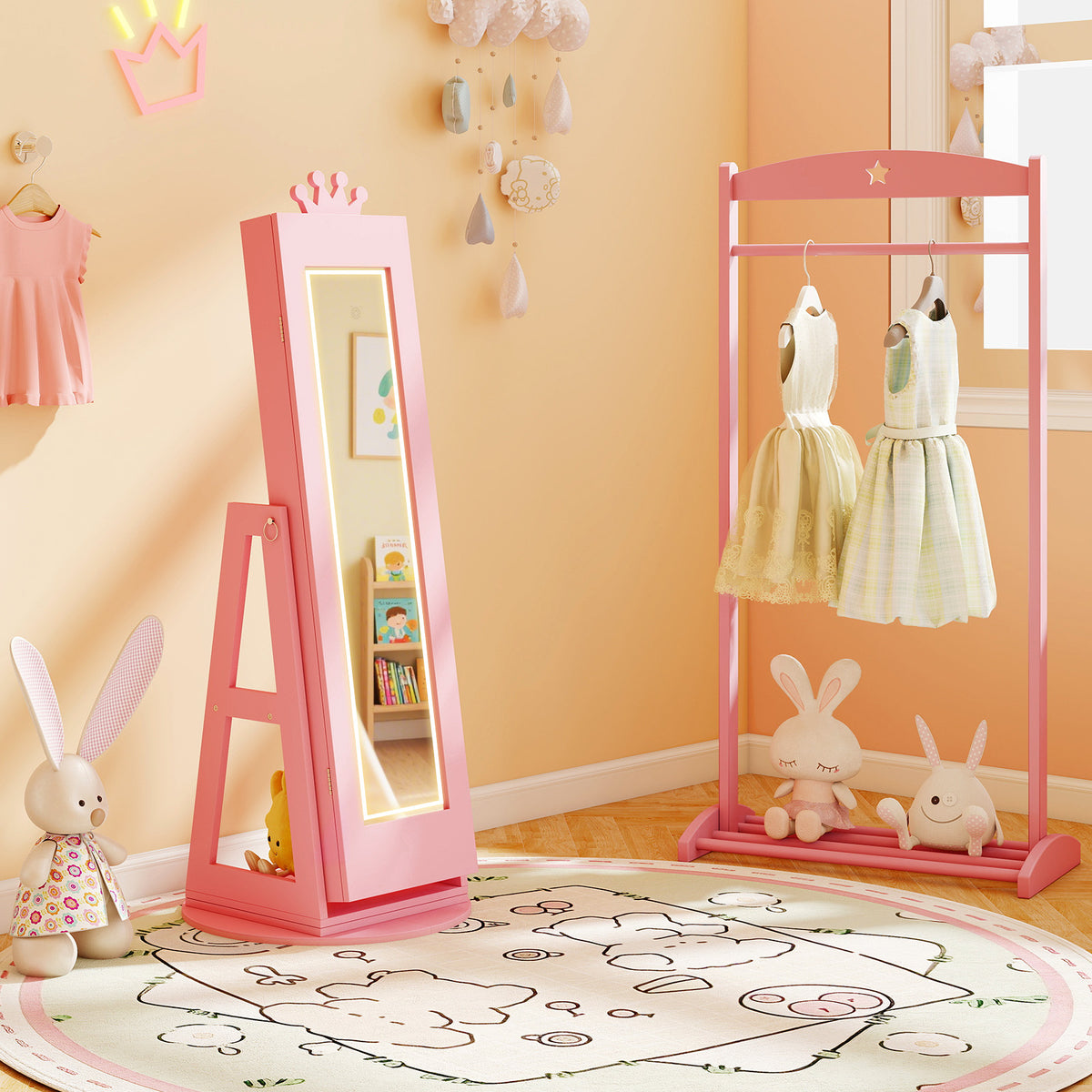 3 In 1 Kids Jewelry Cabinet with 3-Color Lighted Full Length Mirror and Internal Mirror-Pink-Kids Makeup Vanities-DECOROLALA