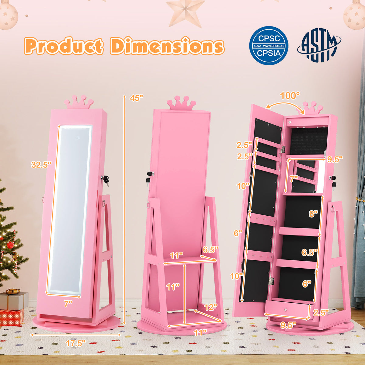 3 In 1 Kids Jewelry Cabinet with 3-Color Lighted Full Length Mirror and Internal Mirror-Pink-Kids Makeup Vanities-DECOROLALA