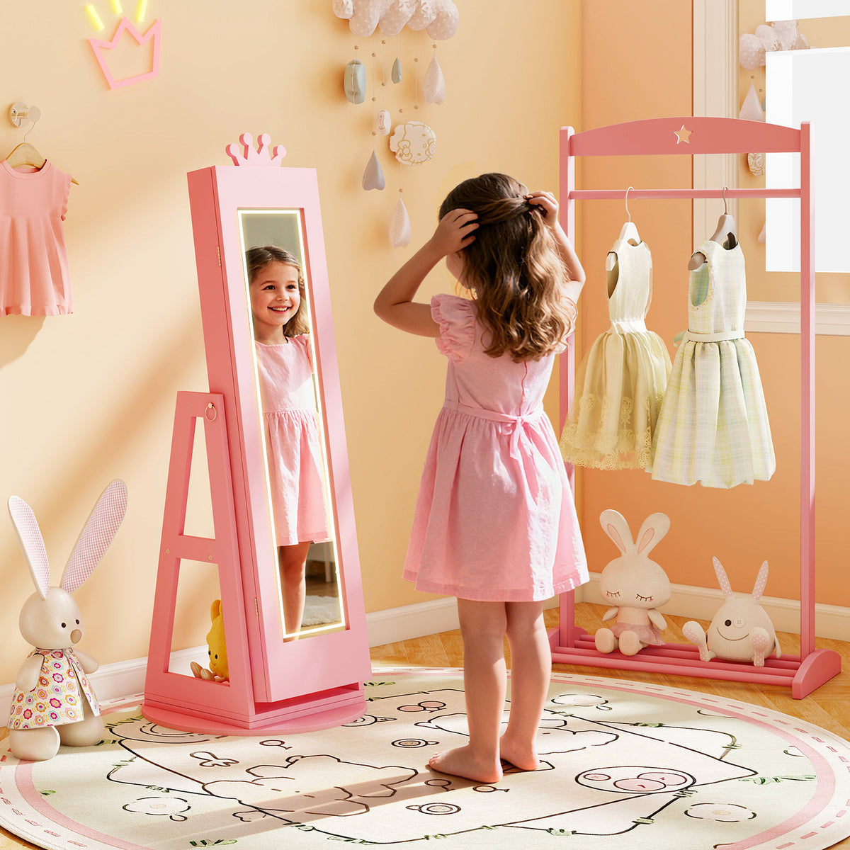 3 In 1 Kids Jewelry Cabinet with 3-Color Lighted Full Length Mirror and Internal Mirror-Pink-Kids Makeup Vanities-DECOROLALA