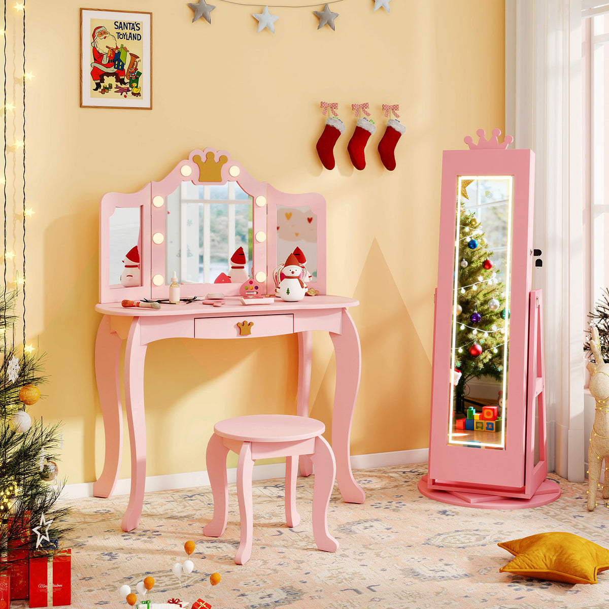 3 In 1 Kids Jewelry Cabinet with 3-Color Lighted Full Length Mirror and Internal Mirror-Pink-Kids Makeup Vanities-DECOROLALA