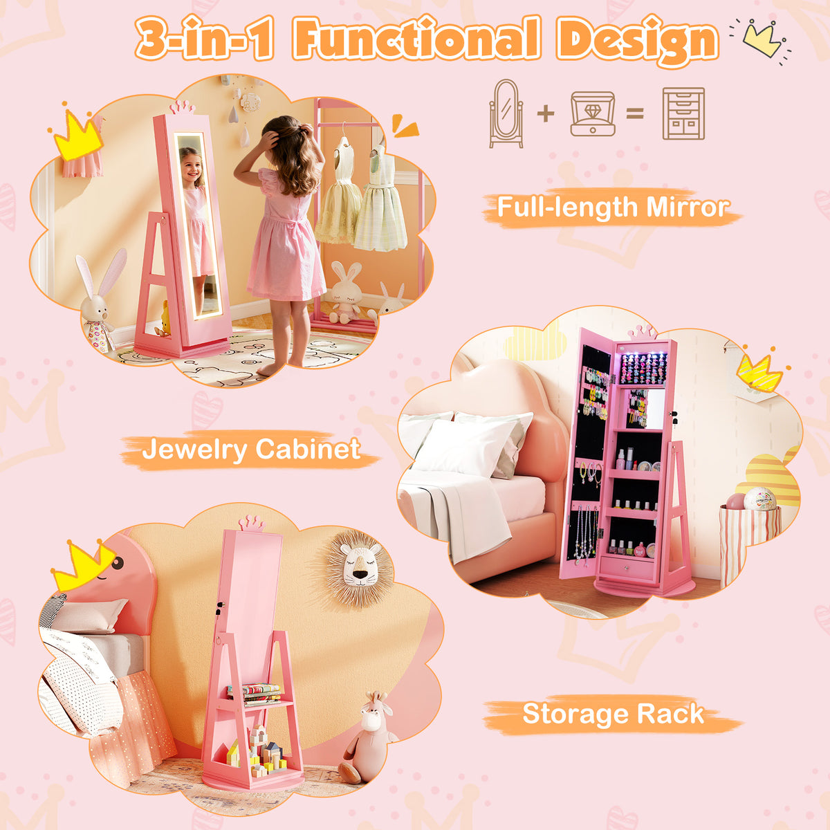 3 In 1 Kids Jewelry Cabinet with 3-Color Lighted Full Length Mirror and Internal Mirror-Pink-Kids Makeup Vanities-DECOROLALA