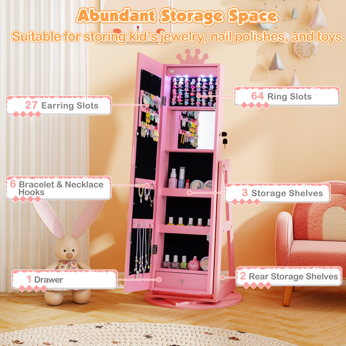 3 In 1 Kids Jewelry Cabinet with 3-Color Lighted Full Length Mirror and Internal Mirror-Pink-Kids Makeup Vanities-DECOROLALA