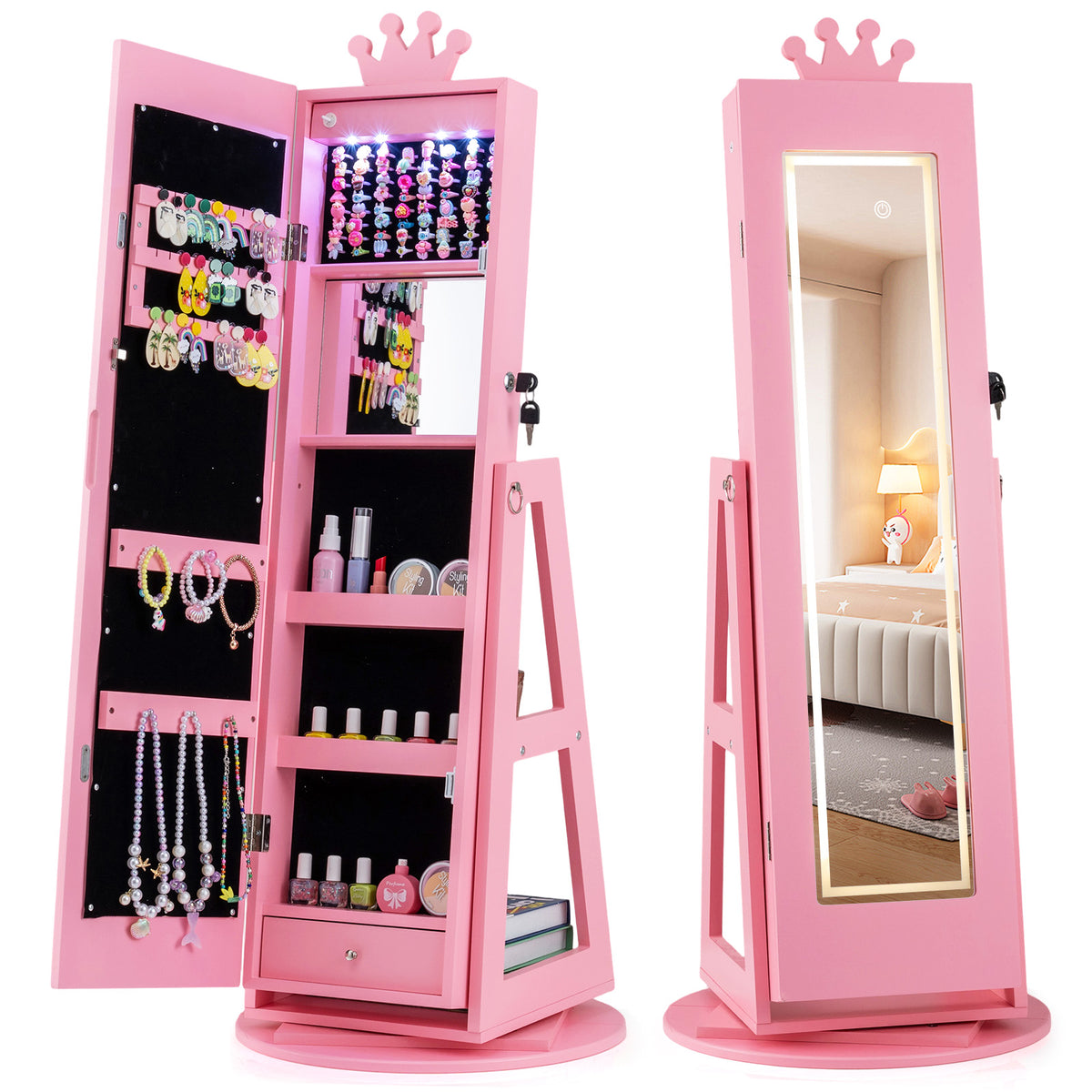 3 In 1 Kids Jewelry Cabinet with 3-Color Lighted Full Length Mirror and Internal Mirror-Pink-Kids Makeup Vanities-DECOROLALA