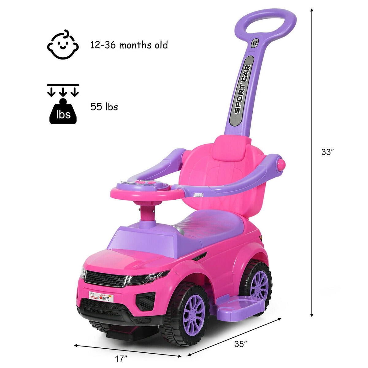 3 In 1 Ride on Push Car Toddler Stroller Sliding Car with Music