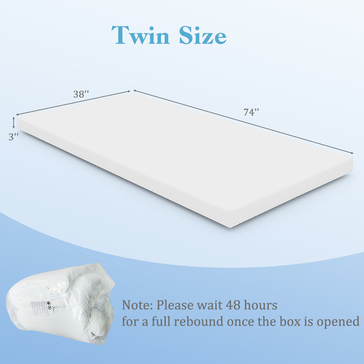 3 Inch Gel-Infused Memory Foam Mattress Topper with Removable Cover-Twin Size-Mattresses-DECOROLALA